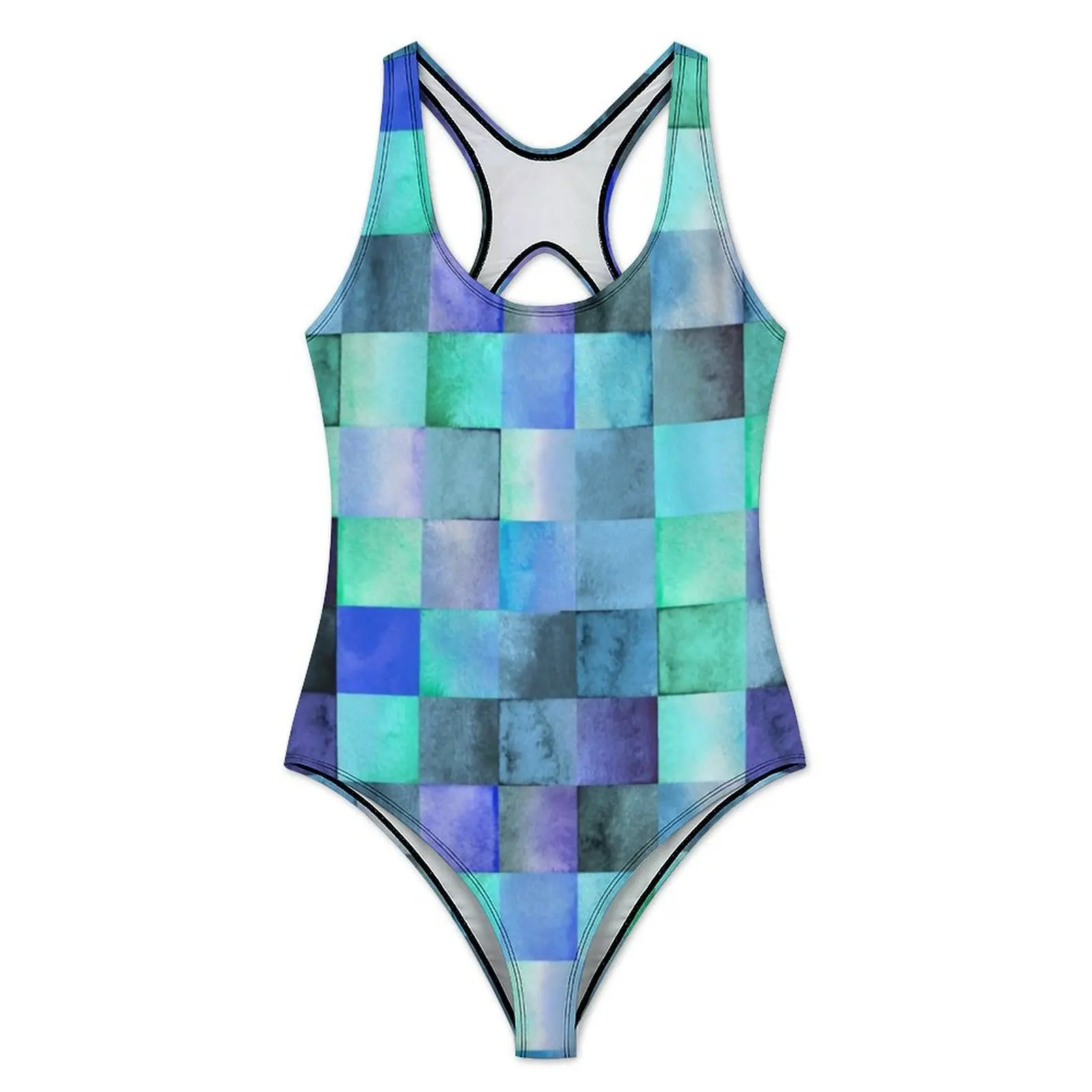 Colorful Geometry Swimsuit Sexy Watercolor Square Swimwear One Piece Fashion Bodysuit Holiday Push Up Hollow Out Bathing Suit