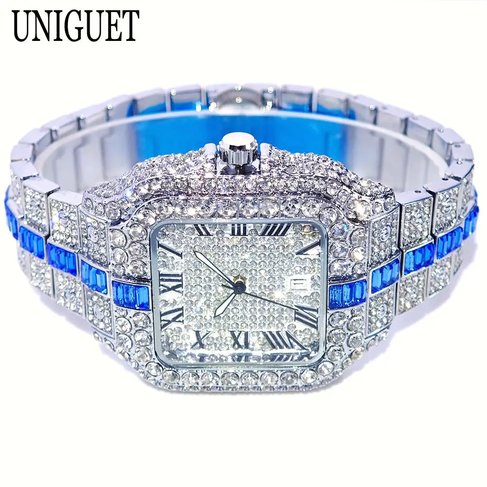 

Fashion Watch For Men Brand UNIGUET Luxury Square Iced Out Quartz Watch Man Hip Hop Blue Diamond Jewelry Wristwatch Reloj Hombre