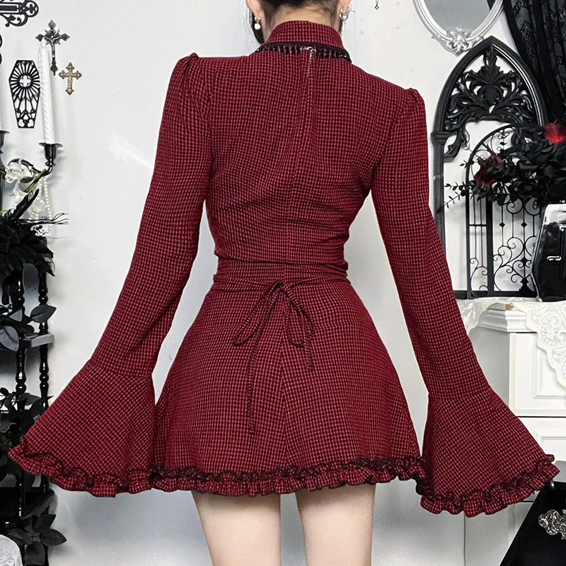 Japanese Elegant Gothic Retro Mini Dress Women Flare Bell Sleeves Single-breasted Plaid Dress Y2K 2000s Aesthetic Shirt Dresses