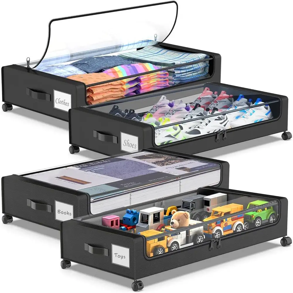 

4-Pack XXL 60L Under Bed Storage Boxes with Clear Lids, Rolling Organizer for Clothes, Shoes, and Toys (Black)