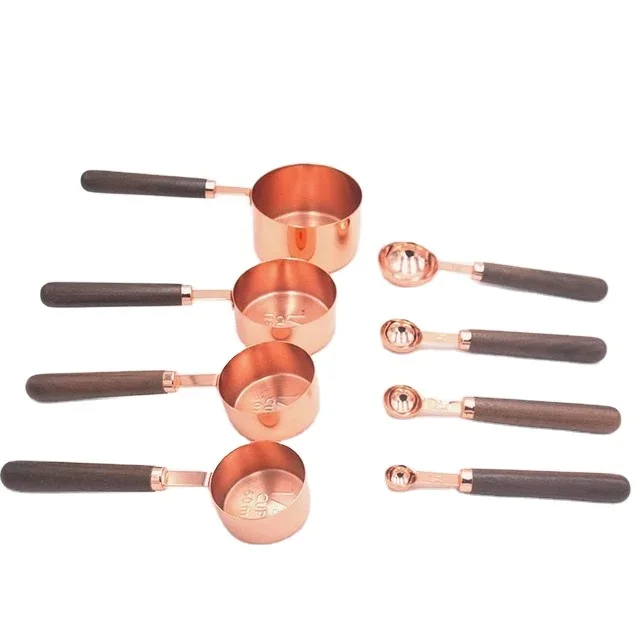 

Stainless Steel Measuring Cups And Spoons Set With Walnut Wood Handle For Measuring Baking Set Of 4/8 Rose Gold