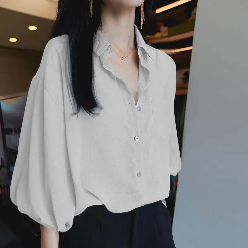 2024 Summer New Korean Short sleeved Shirt Women's Chiffon Lantern Sleeve Top Retro Loose Solid Color Shirt Trend