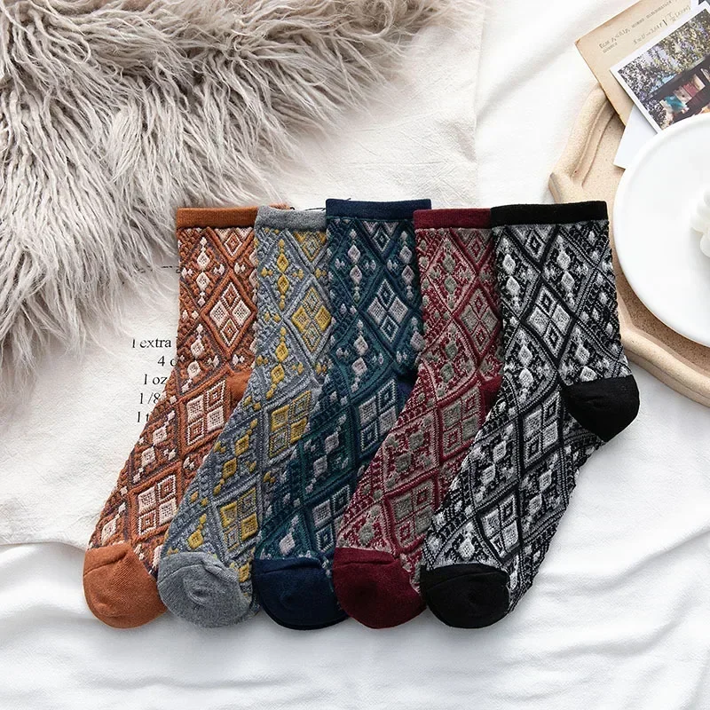 Woman Plaid Cotton Socks Students Vintage Streetwear Crew Socks Fashion Embroidery Ethnic Harajuku Retro Long Socks Women Sox