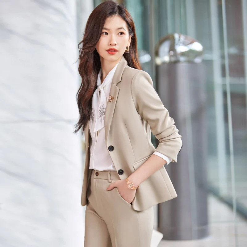 NAVIU Apricot Suits Women High End Fashion New Autumn Winter Temprament Business Slim Blazer And Pants Office Ladies Work Wear