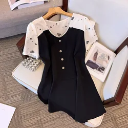 160Kg Plus Size Women Bust 170 Summer Loose Short Sleeve Splice Shirt-dress Black 5XL 6XL 7XL 8XL 9XL