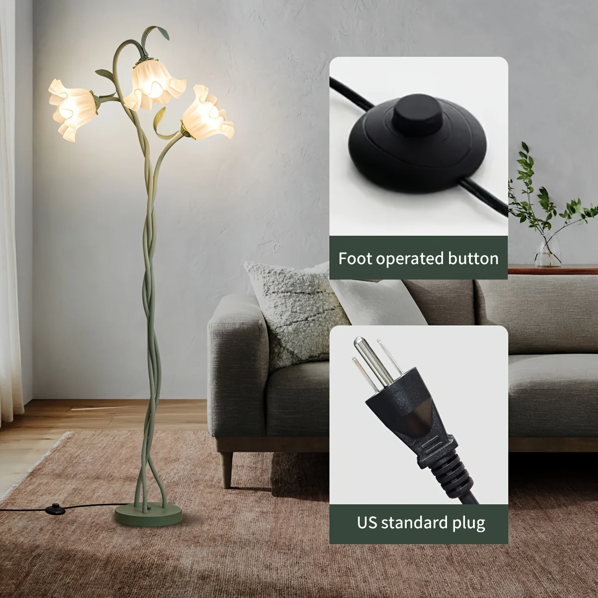 مصباح أرضي على شكل زهرة فنية حديثة، ذراع مرن إبداعي DIY شكل 3 ألوان لدرجات الحرارة LED مصباح أرضي للزاوية