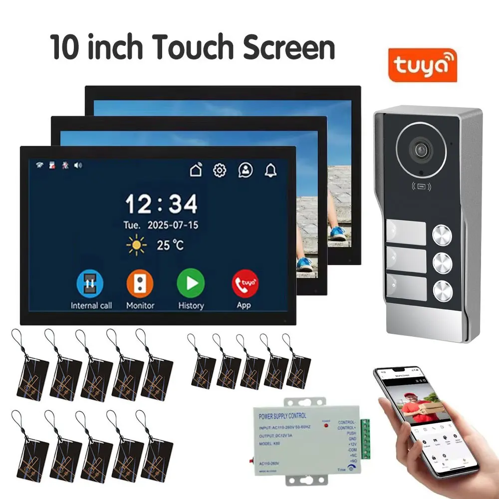 2 Wire WiFi Video Doorphone Doorbell Intercom 10 Inch 1080P Touchscreen Monitor APP/Swipe Card Unlock For 3/4 Family Apartment