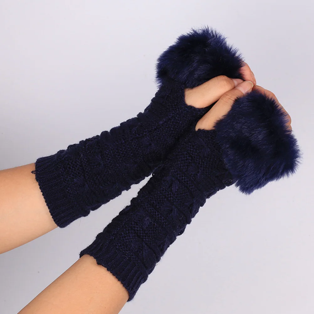 

For Women Winter Warm Knitted Half Finger Gloves Thick Faux Thermal Gloves Christmas Gift For Ladies Navy Color