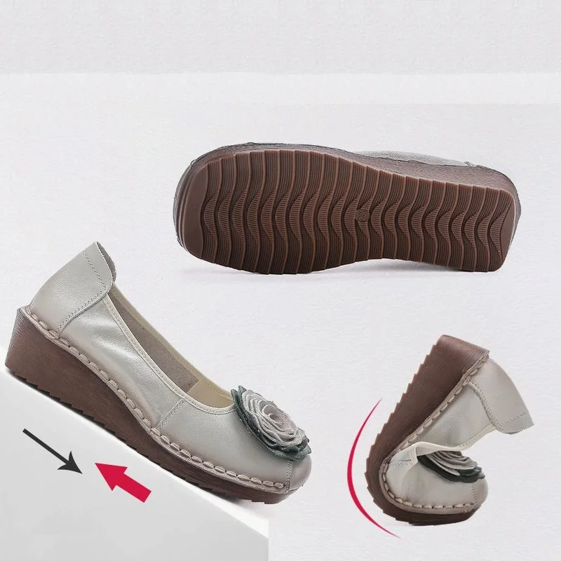 New Spring luxury cowhide leather shoes woman handmade flower flats retro wedged loafers ladies chic soft red dressy moccasins
