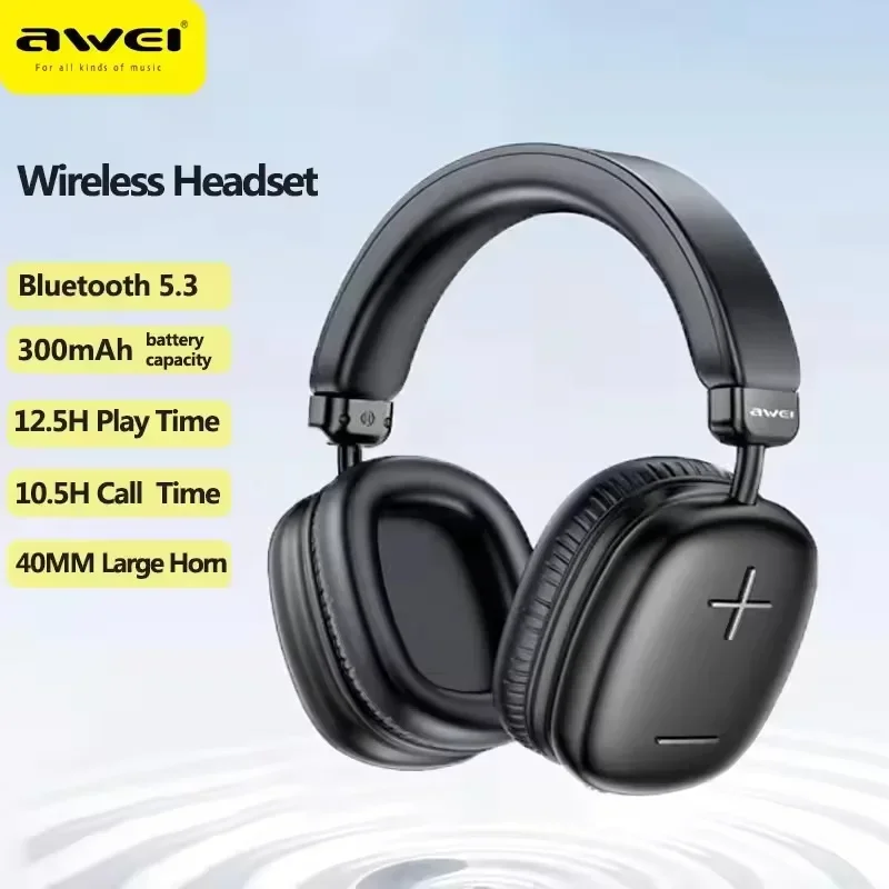 V5.3 Awei AT6 Long Battery Life Sports Headset Wireless Bluetooth Headphones 300mAh 40MM Horn Stereo Sound Eearphones With Mic