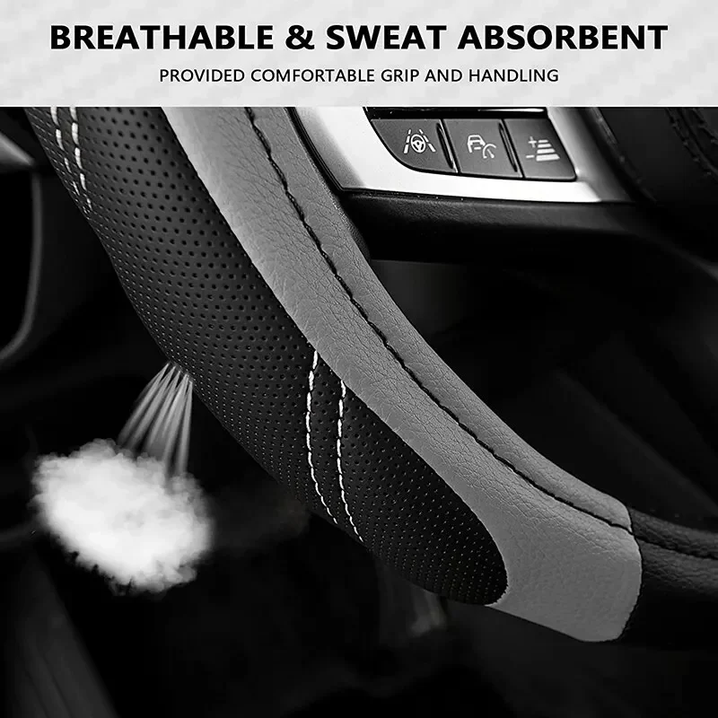 Four Seasons Universal 14-15 Zoll Sport Leder Allzweck gepolsterter Griff atmungsaktive rutschfeste Auto-Lenkradabdeckung – Detail 1