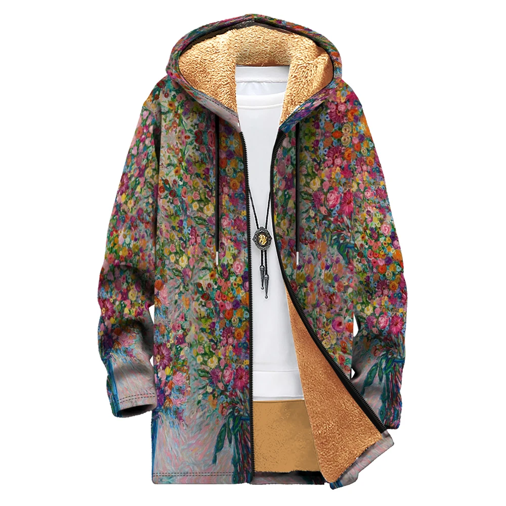 

Ретро унисекс, модная плюшевая куртка с капюшоном и цветочным принтом, пальто с мягкой внутренней частью, теплая уличная одежда на осень-зиму, стильная