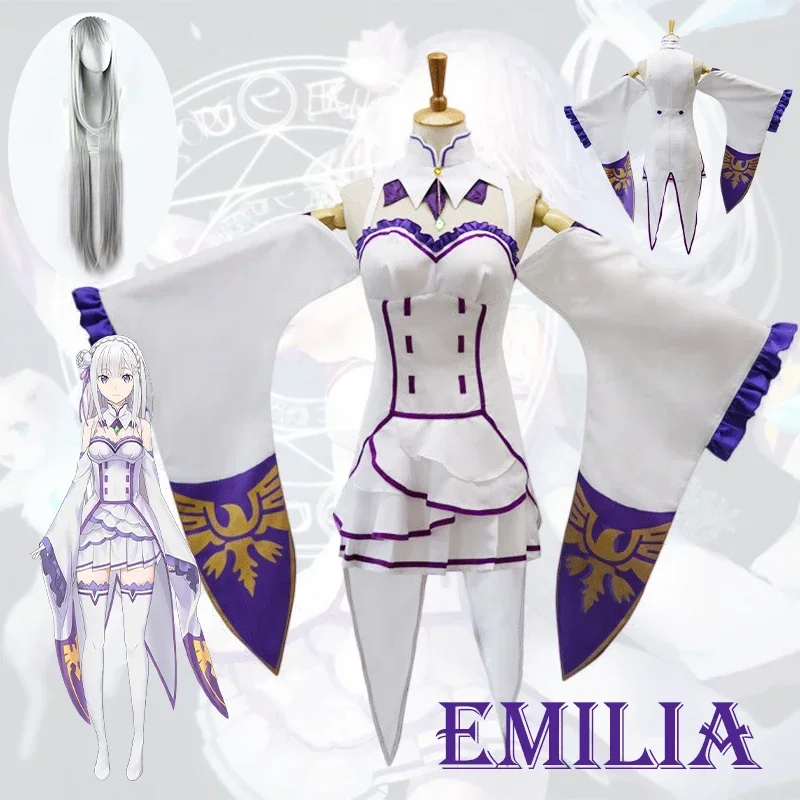 

Re Zero Kara Hajimeru Isekai Seikatsu Emilia Cosplay Costumes for Women Dress with Headdress for Halloween Party