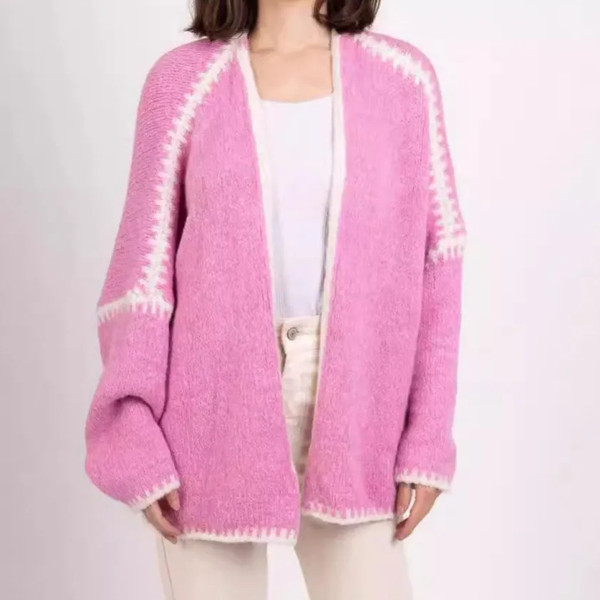 V Neck Long Sleeve Single-breasted Sweaters Sweet Contrast Stitch Knitted Cardigan For Women Autumn Lady Loose Casual Knitwear