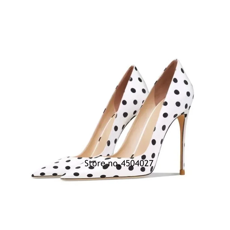 Black White Polka Dots Women Stiletto High Heels 12cm 10cm 8cm Pointed Toe Chic Ladies Dress Shoes Slip-on Shallow Pumps