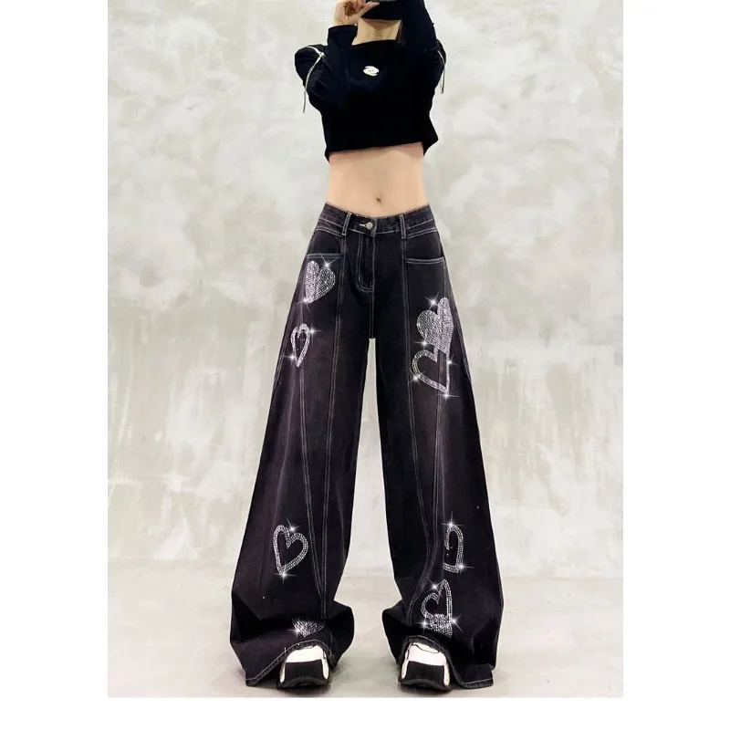 New Womens Shiny Hot Diamond Jeans Autumn Winter Casual Straight Wide-leg Floor-mopping Pants Female High-waisted Denim Trousers