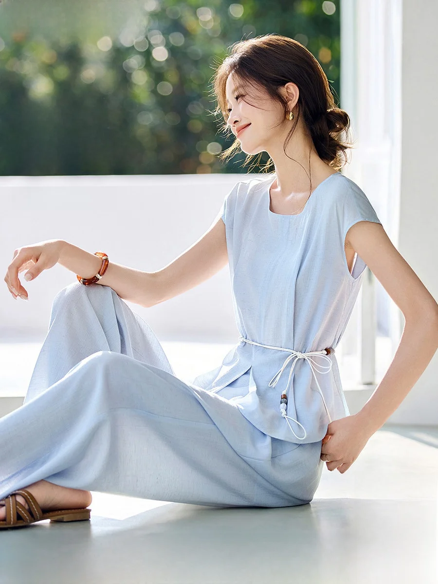 

Льняной комплект Mehemai: Новая летняя рубашка с широкими рукавами и зауженной талией, брюки с широкими штанинами, модный повседневный женский костюм