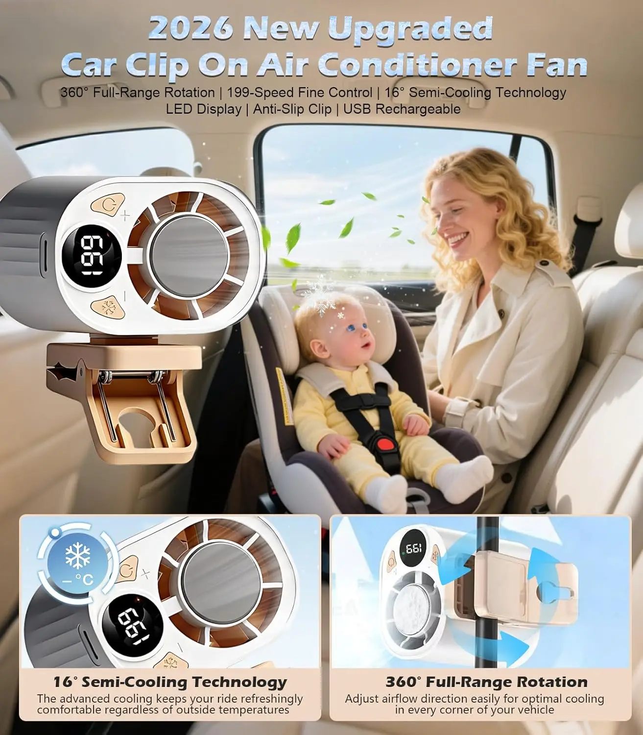 

2026 New Car Clip On Air Conditioner Fan With LED Display, Mini Cooling System For Auto Vehicle, 360° Rotation Mini Clip Fan