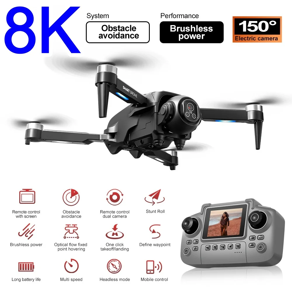 Бесщеточный дрон 8K с HD 150 ° Электрические дроны с двойной камерой 5G WIFI FPV 360° °   Радиоуправляемая игрушка Quadcopter с большим экраном для предотвращения препятствий