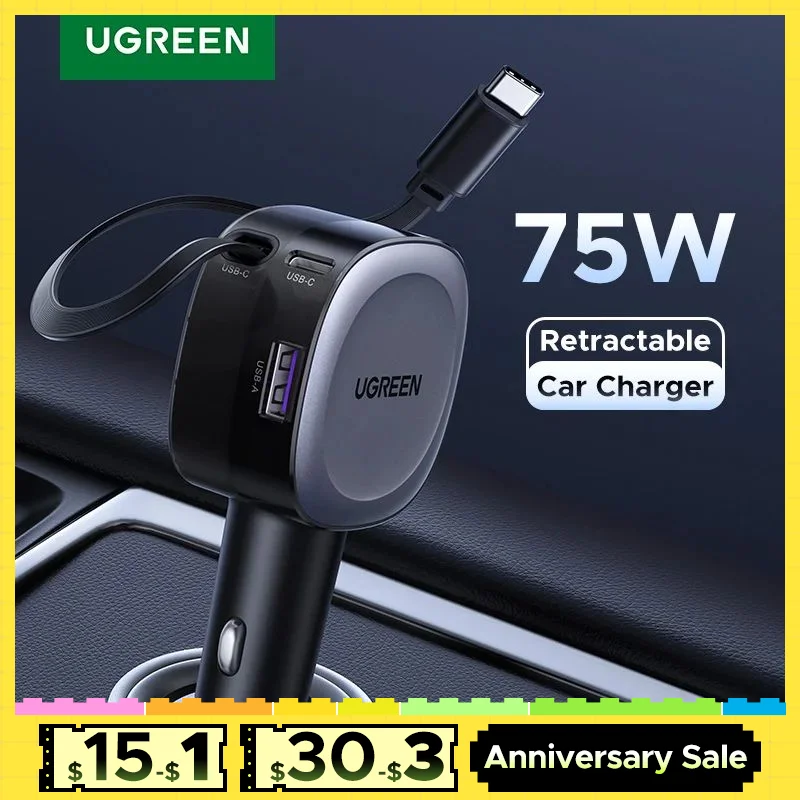 UGREEN 75 Вт Автомобильное зарядное устройство 2 в 1 Выдвижной кабель SCP 25 Вт QC PD 30 Вт Быстрое автомобильное зарядное устройство для телефона для iPad iPhone 16 15 14 13 Pro Samsung