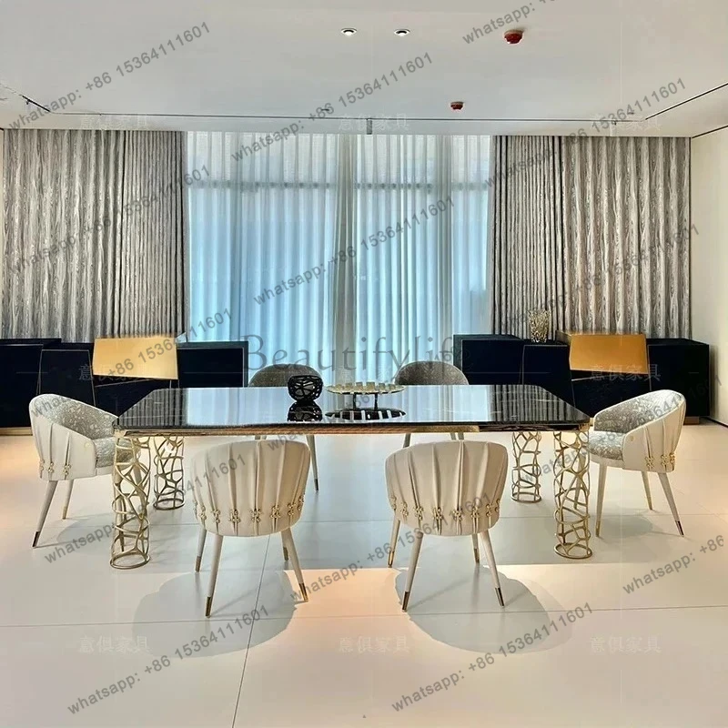 

light luxury stainless steel dining table Household villa dining room Rectangle marble table