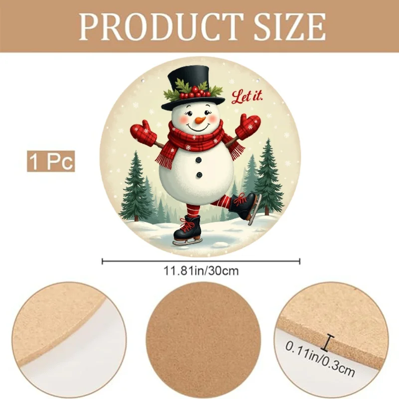 رجل الثلج للتزلج على الجليد يحتفل بتصميم نمط عيد الميلاد، علامة زخرفية مسطحة ثنائية الأبعاد، لوحة خشبية دائرية، هدية ممتازة لـ