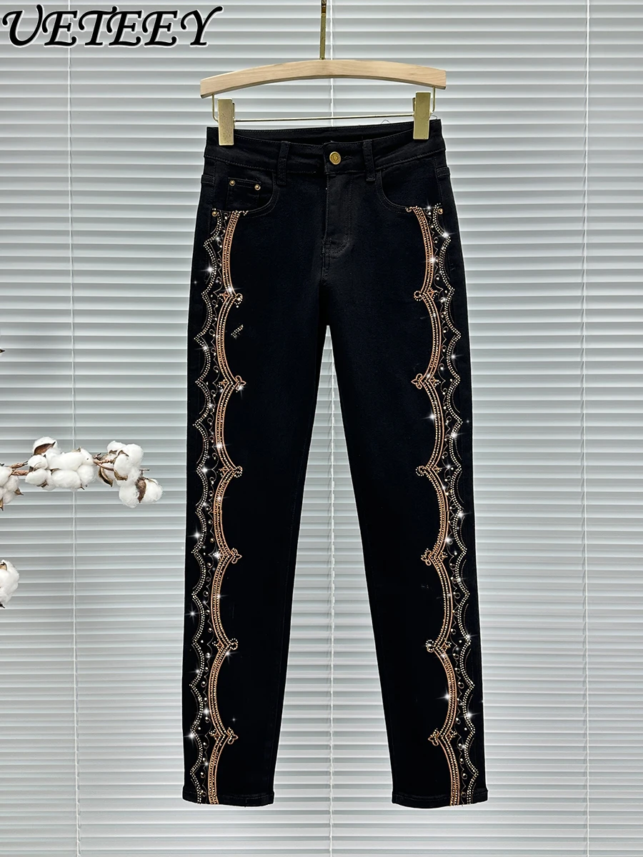 Fashion Hot Diamond Embroidered Denim Trousers Women's Tide New Autumn Versatile Jeans High Waist Thin Versatile Pencil Pants