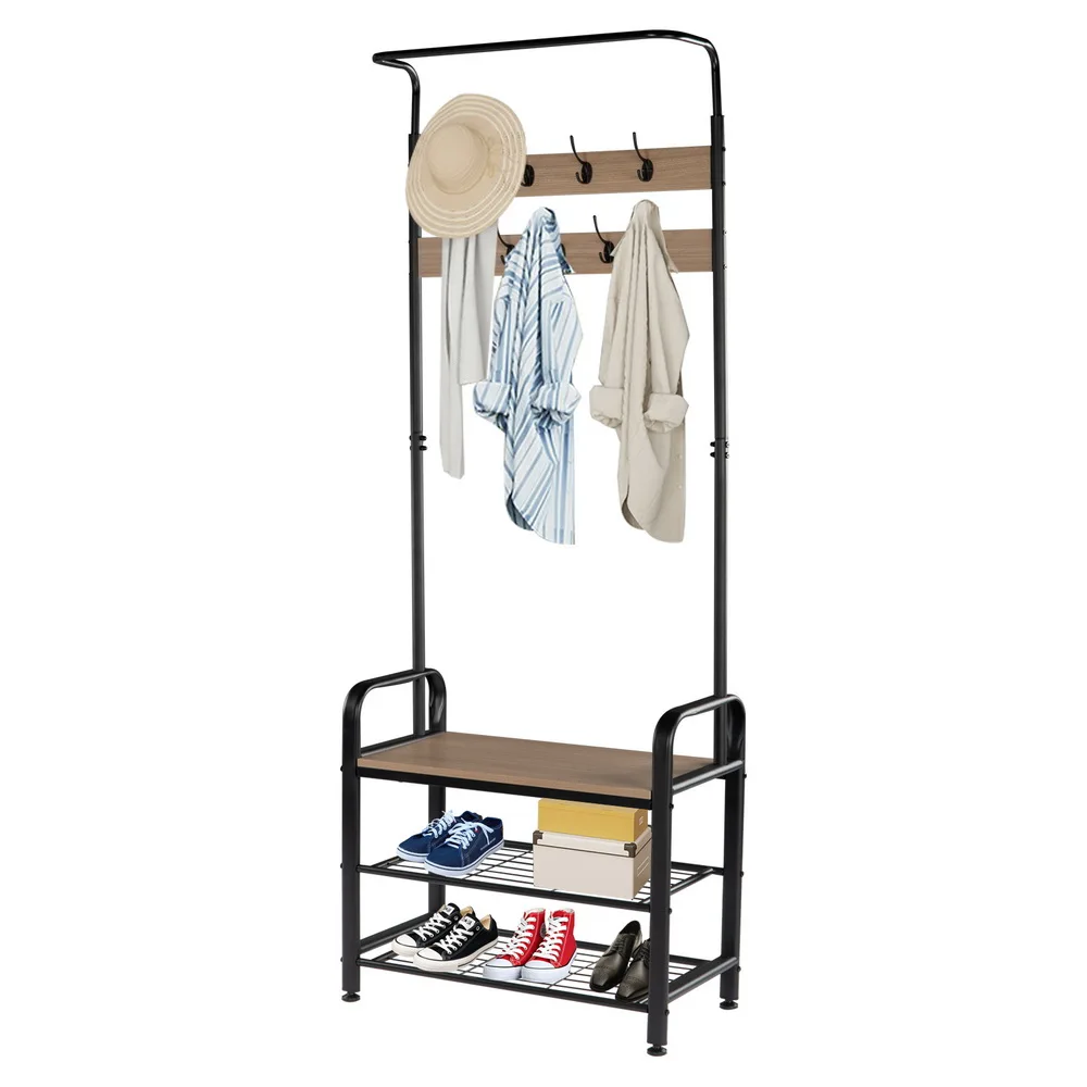 Industrial Coat Rack Shoe Bench Hall Tree Entryway Storage Shelf 3 in 1 Design with 9 Hooks 4 Adjustable Feet[US-Stock]