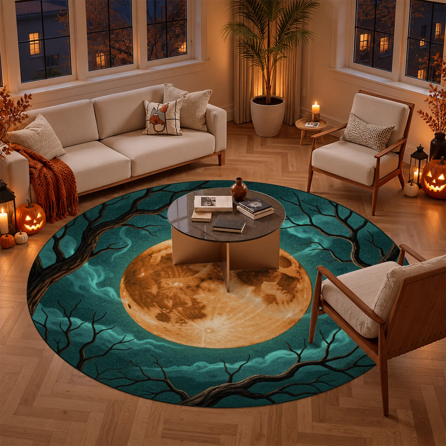 Full Moon Twisted Bare Tree Round Pattern Velvet Area Rug, Machine Washable Soft Floor Rug for Living Room, Bedroom, Foyer, Ideal for Halloween, Thanksgiving, Christmas, New Year Home Decor