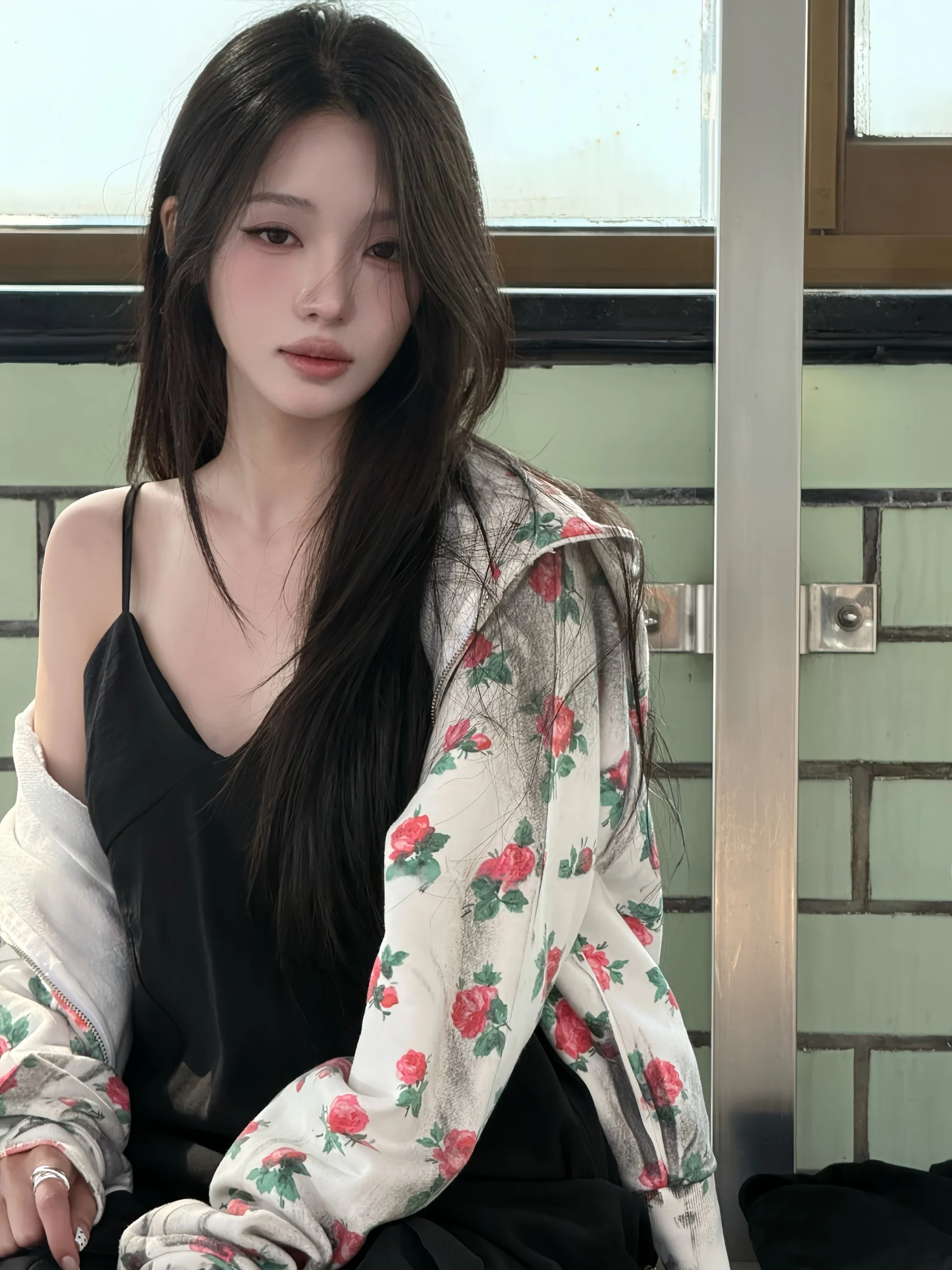 Rei Short Zipper Hoodie Jacket Women's Floral Tie Dye Distressed Spicy Girl Cotton Long Sleeve Rose Pattern Hoodie Coat