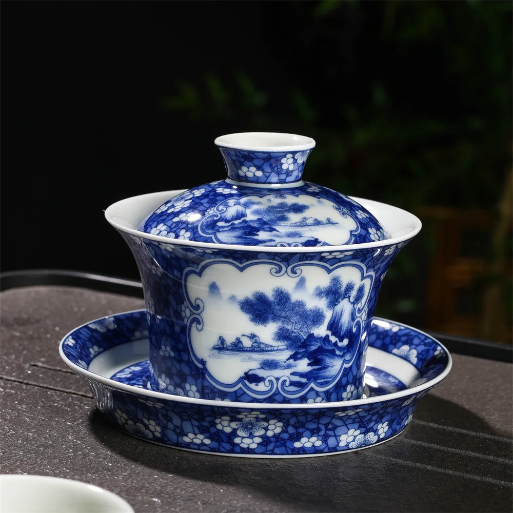 Jingdezhen Handmade Blue and White Porcelain Tureen Kombucha Tea Making Device Pitcher Strainer Cup High Window Prunus Mume