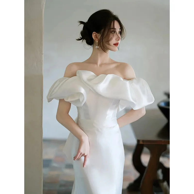 

Elegant White Satin Mermaid Wedding Dresses Women High Quality Formal Off Shoulder Prom Party Gowns