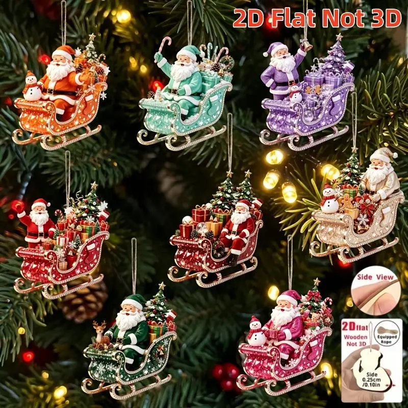 8Pcs Christmas Wooden Sled Santa Claus 2D Flat Pendant Christmas Tree Hanging Decor Perfect Holiday Gift
