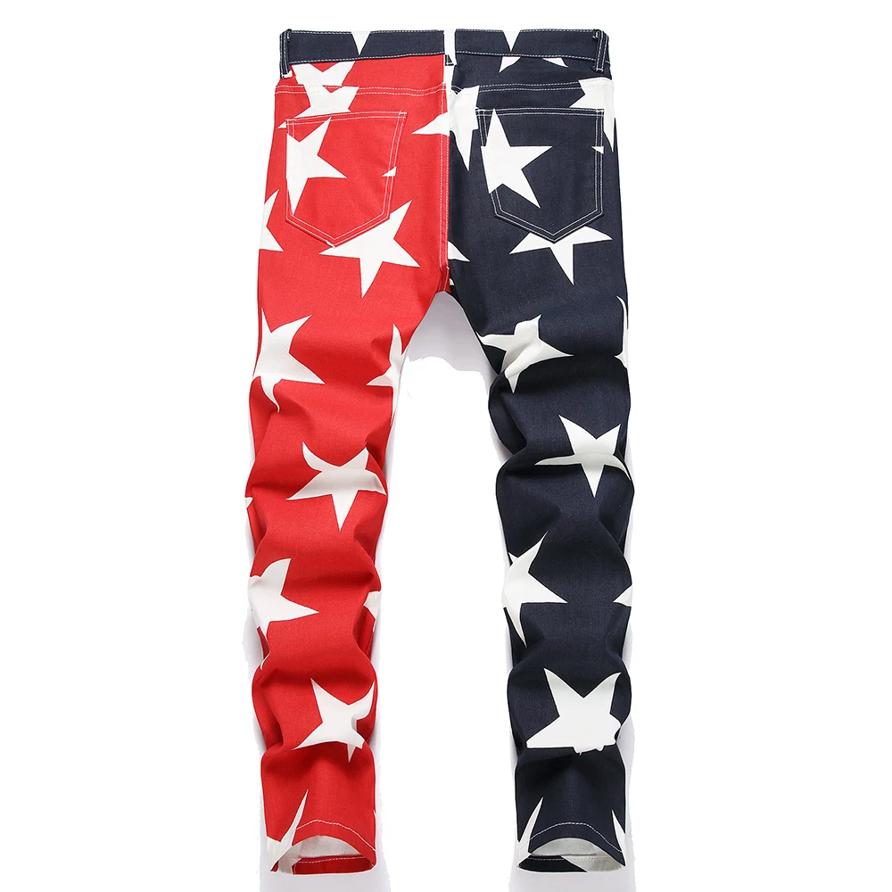 Men's Stars Print Jeans Fashion Blue Red Spliced Pants Slim Straight Cotton Denim Trousers