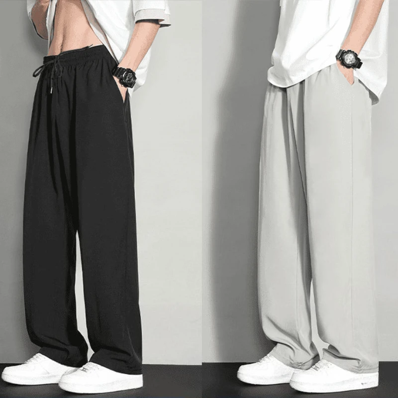 GELITAYIN ฤดูร้อนผ้าไหมน้ำแข็งสีทึบสบายๆกางเกงขากว้างผู้ชายคลาสสิกหลวมสตรีทแวร์สไตล์เกาหลี Xxxl ขายกางเกงดีไซเนอร์