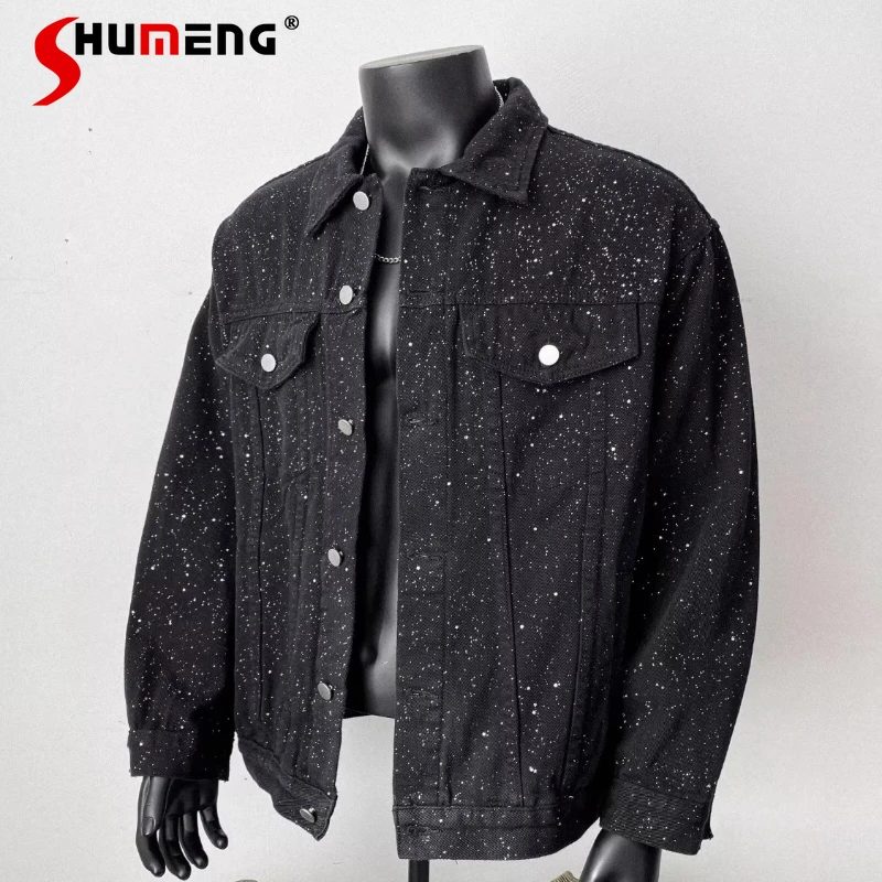 

2025 Autumn New Fashion Denim Jackets Male High-End Stylish Shiny Rhinestone Light Luxury Denim Coats Trendy Men's Jacket Tops