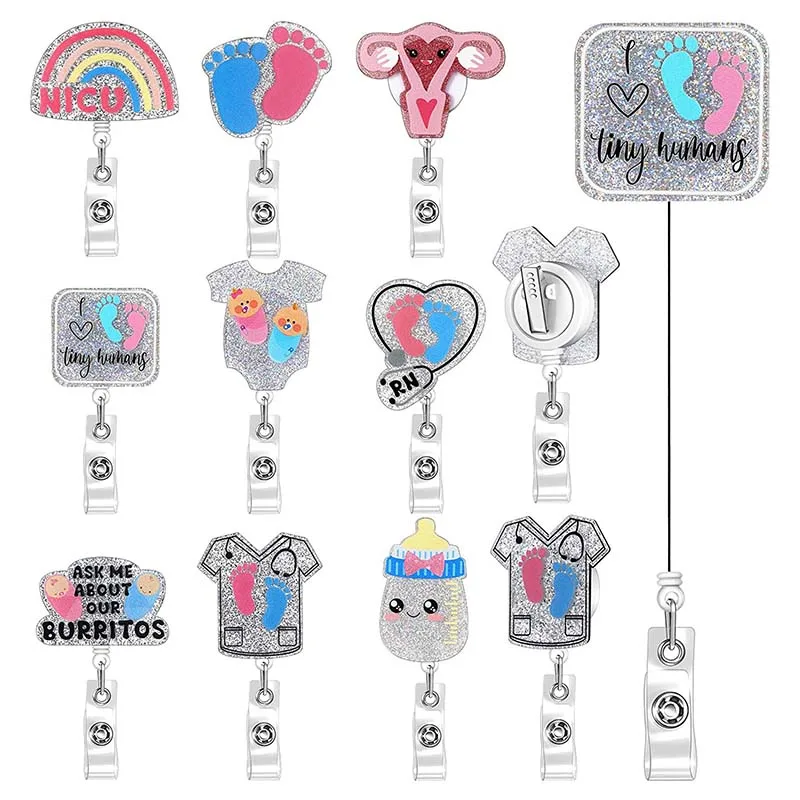 New Glitter Acrylic Baby Footprints Badge Reel Retractable ID Badge Holder With 360 Rotating Alligator Clip Name Holder