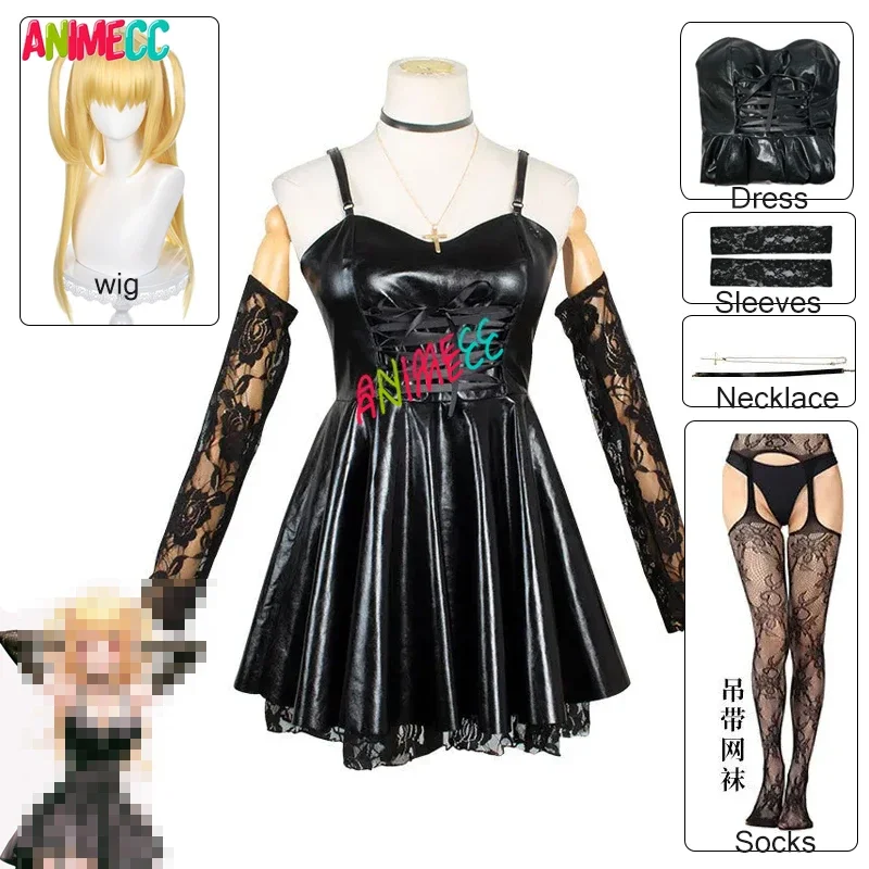 ANIMECC in Stock S-XXL Misa Amane Cosplay Costume Wig  Anime Sexy Leather Dress Uniform Helloween Party Outfit for Women