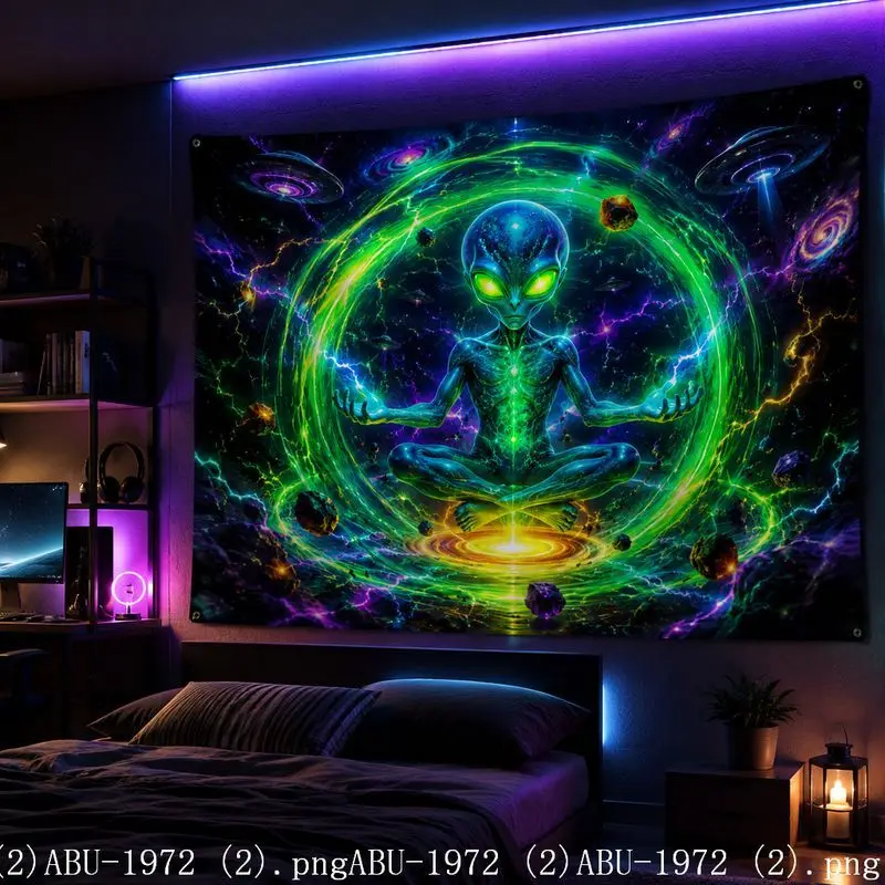 VIKAMA Fantasy Alien UFO Galaxy Tapestry Wall Hanging Universe UV Glow Bedroom Gaming E-Sports Decor