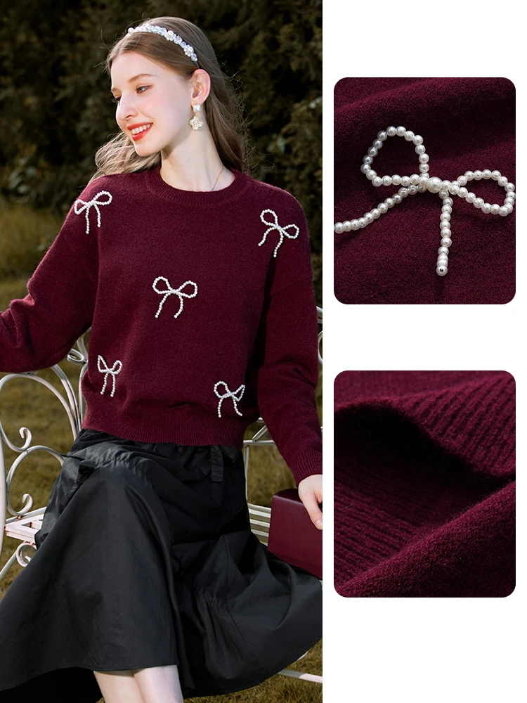 I BELIEVE YOU Christmas Sweater Woman Winter 2024 Casual Pullover Long Sleeve Knitted Tops Pearls Bow Y2k Clothes 2224144534