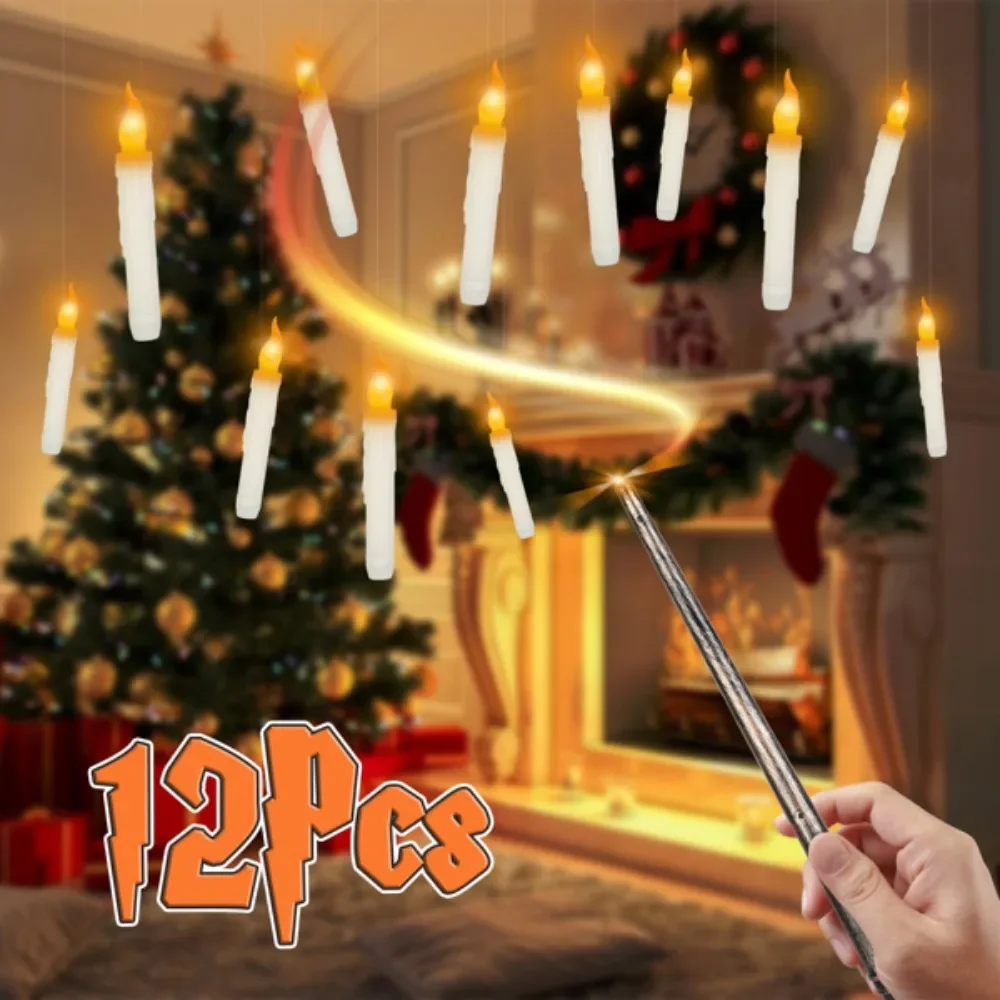 

12Pcs Flameless Floating Candles LED Magic Hanging Light Battery Operated Flickering Warm Light Window With Magic Wand Remote