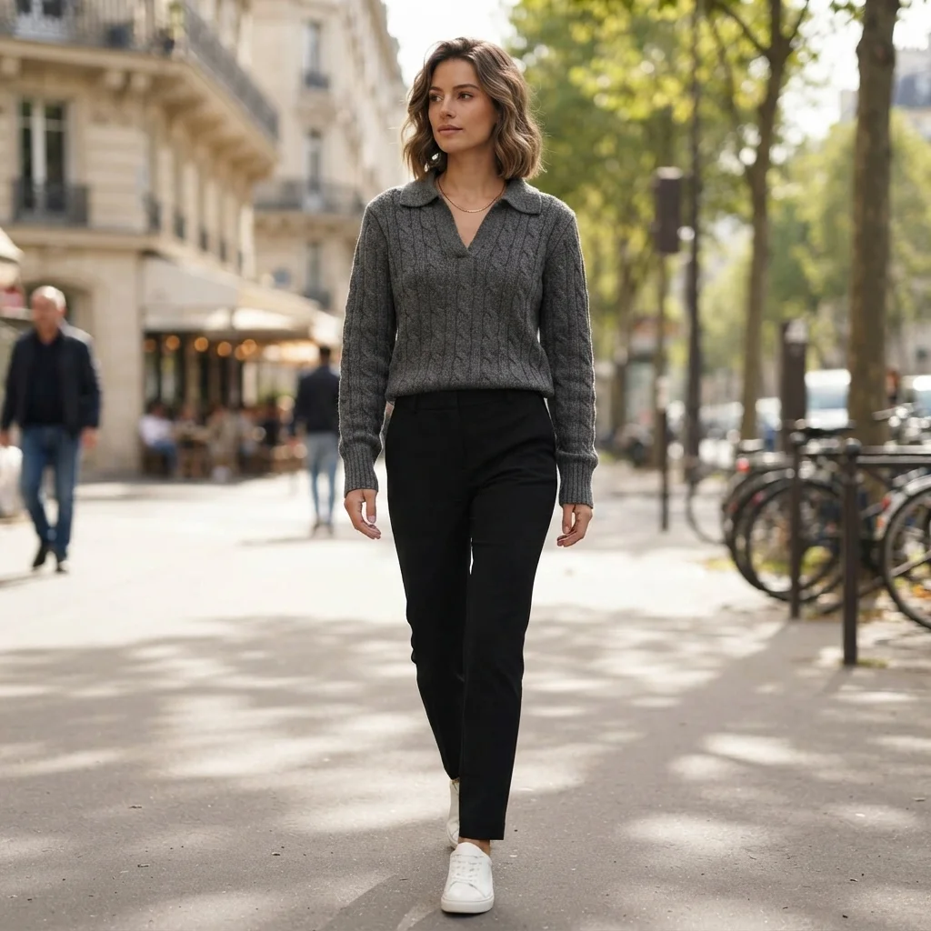 Cashmere Women Collared Cable Knit Sweater Long Sleeve Cropped Pullover Solid Gray Twist Texture Lapel Neck Casual BH1628