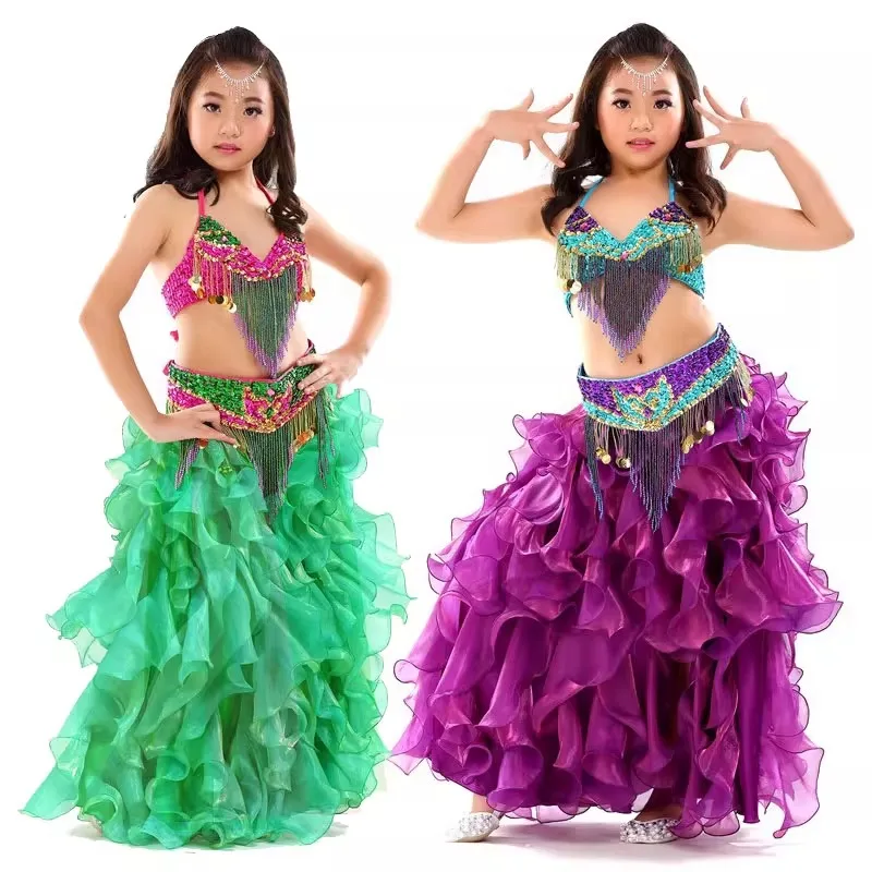 Nuevo conjunto de danza del vientre personalizado para niños, disfraces de actuación, faldas esponjosas, uniformes de clase, uniformes de grupo, falda con cinturón y sujetador, 3 uds.