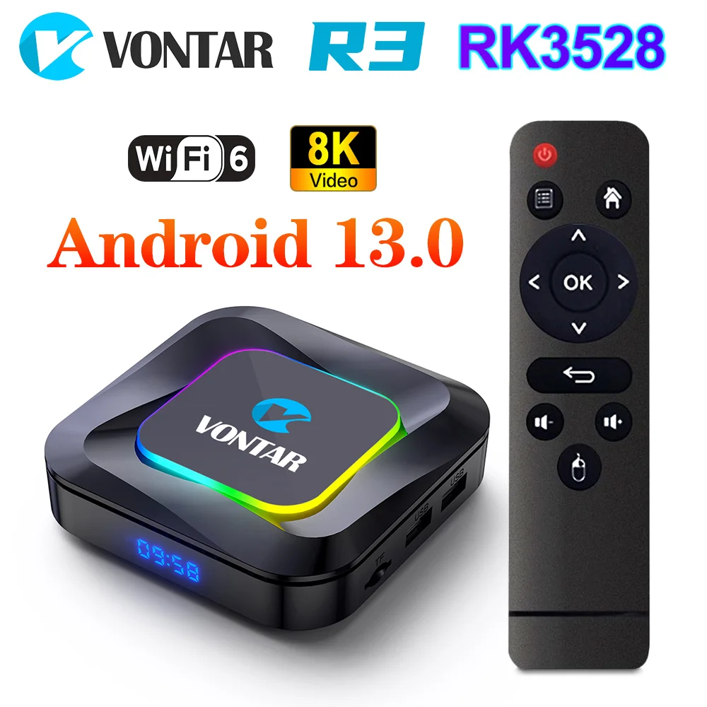 

ТВ-приставка VONTAR RGB на Android 13 с процессором Rockchip RK3528, поддержкой видео 8K, BT5.0, Wi-Fi 6, голосовым вводом Google, медиаплеер, приставка для ТВ.