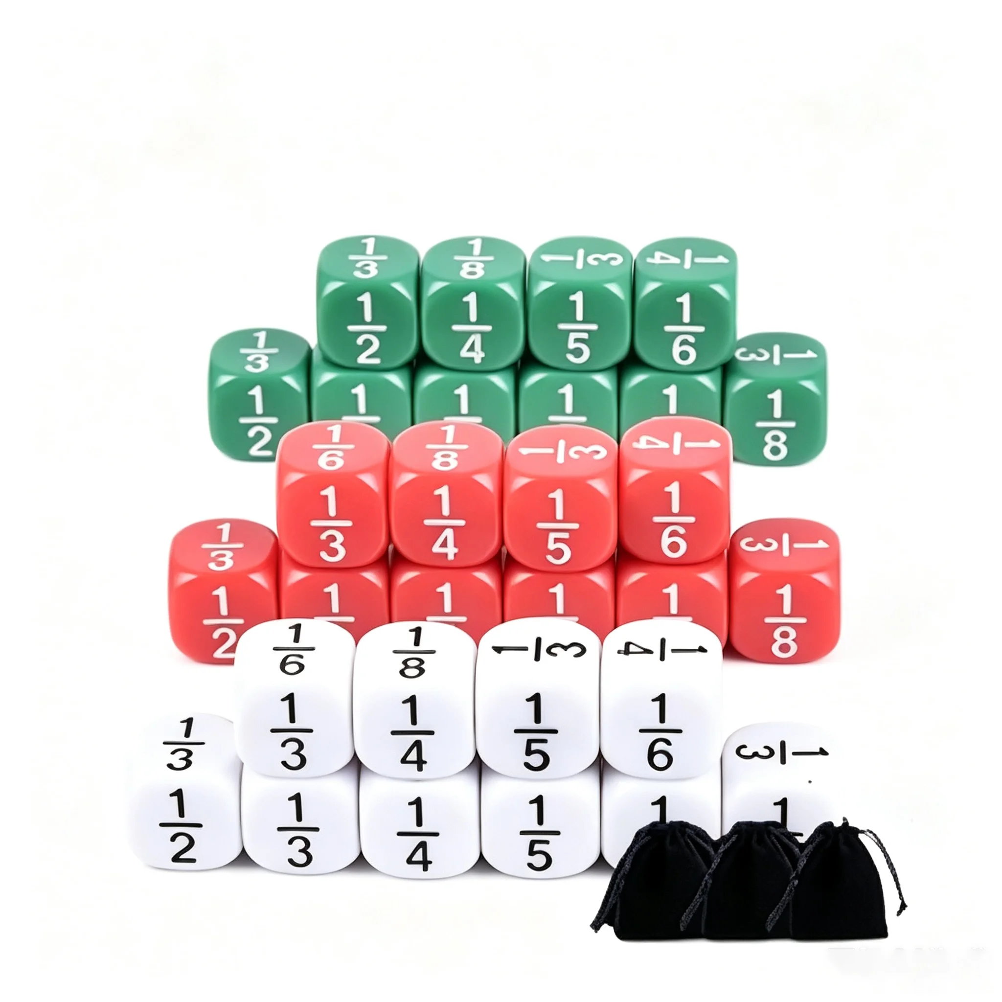 30Pcs 3 Color Fraction Dice Set with 3 Plush Pouches for Board Games DND Role Playing Family Game Night Math Teaching