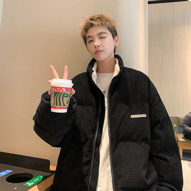 

Lamb Velvet Jaet Men's Winter Thiened Stand Collar Cotton Coat Youth Faionable Casual Warm Zipper Closure Color