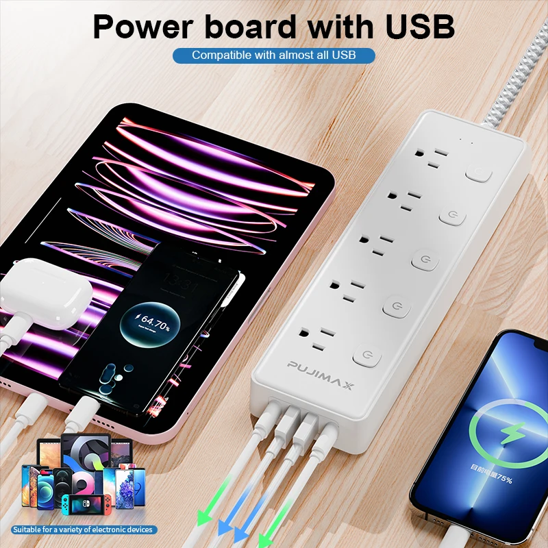 PUJIMAX US Plug Separate Control USB Charger Adapter Outlet Power Strip Multiprise Home Extension Electrical Socket With Cord