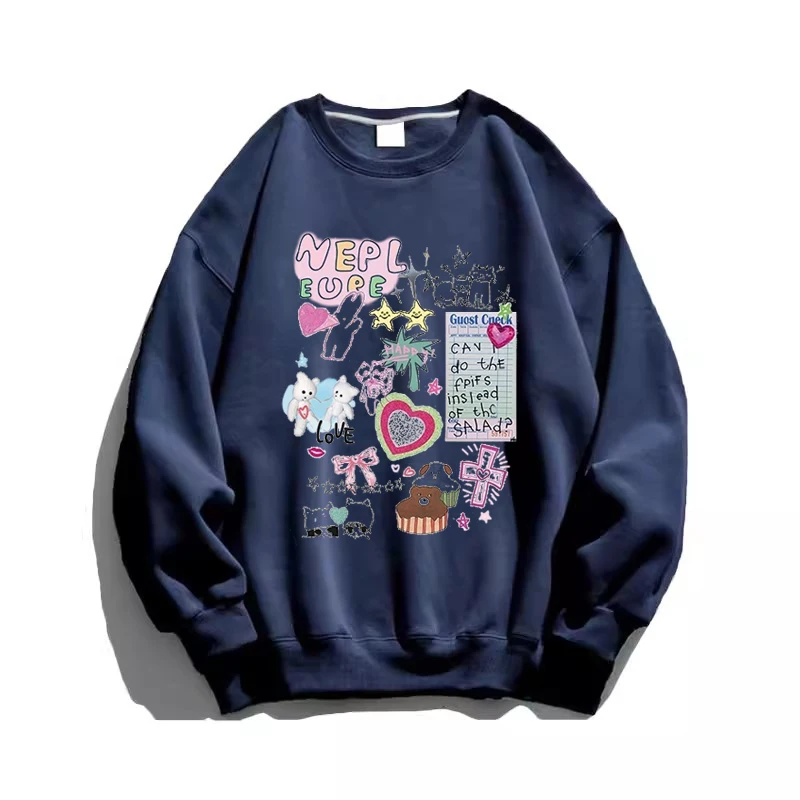 Autumn Winter New Women's Sweet Cute Cartoon Graffiti Print Gray Sweatshirt American Retro Pink Round Neck Velvet Casual Top