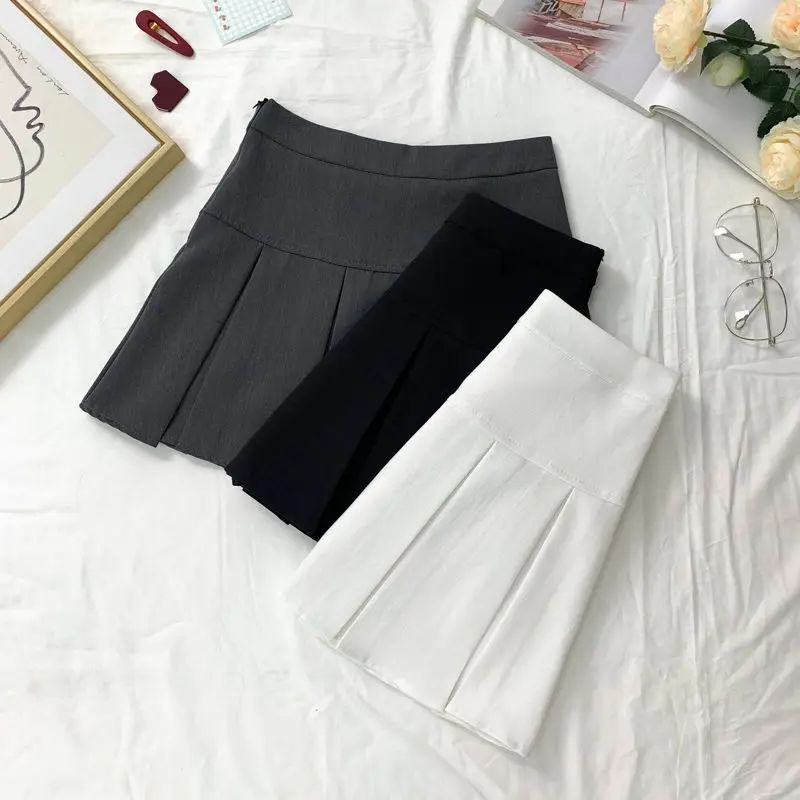 White Women Pleated Skirts Fashion High Waist Zipper Dancing Mini Skirts Elegant Student All Match A Line Skirt Summer New