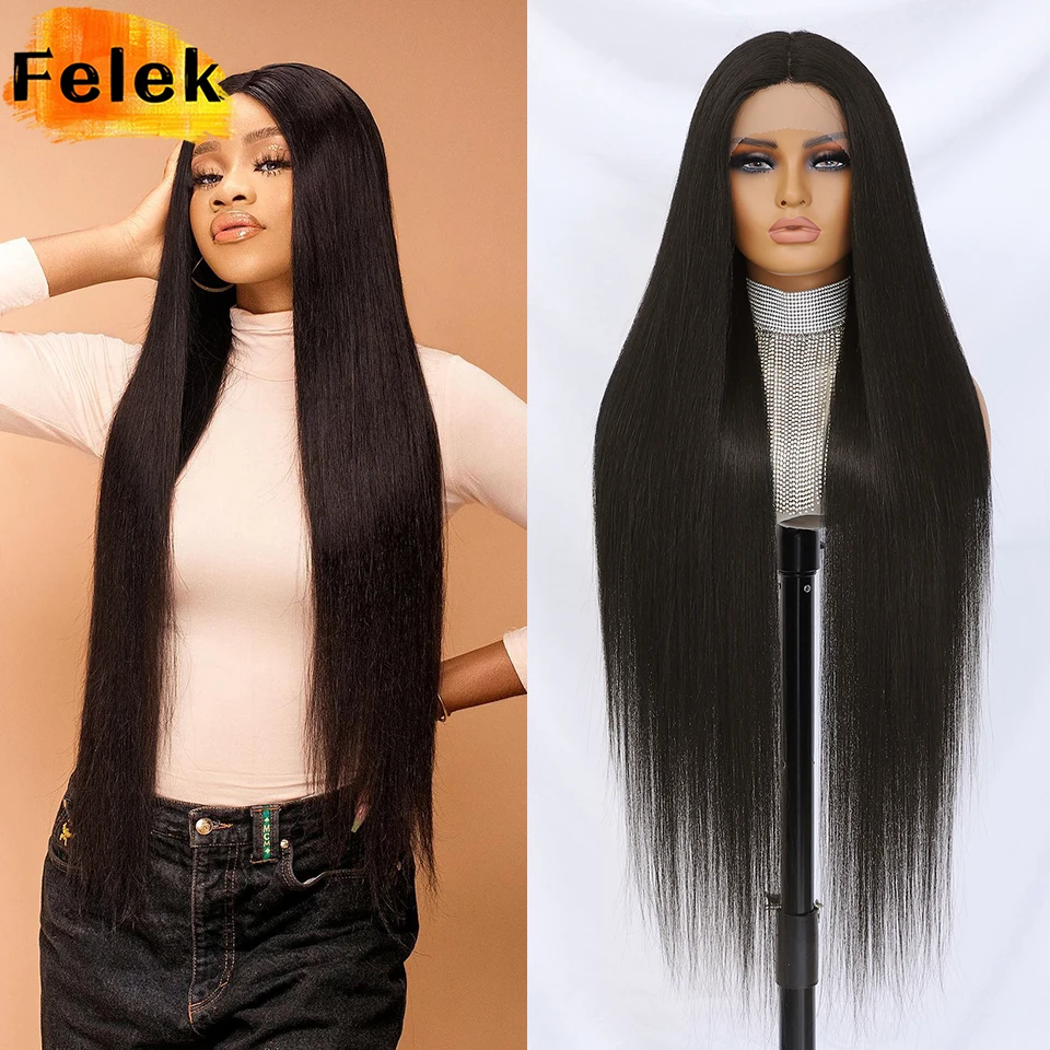 

Long Silky Straight Lace Wigs 40 Inch Synthetic T-Part Lace Front Wigs For Afro Women 13x4x1 Preplucked Middle Part Cosplay Wigs